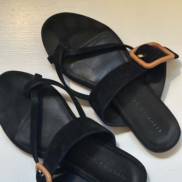 Veronica Beard Salva Black Suede Sandals with Tan Buckle - Picture 2 of 9